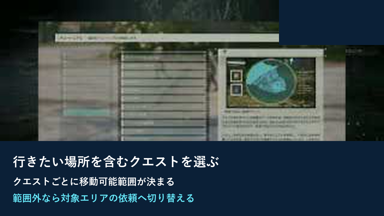 行きたい場所を含むクエストへ切り替える必要を説明するゲーム内チュートリアル画面